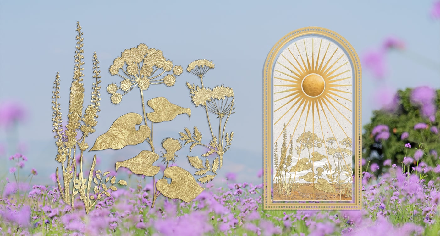 An image of the arch design and gold leaves featured on James Read's Self Glow product packaging, representing the brand's use of vegetable-based gold inks and sustainable, plant-based efforts.