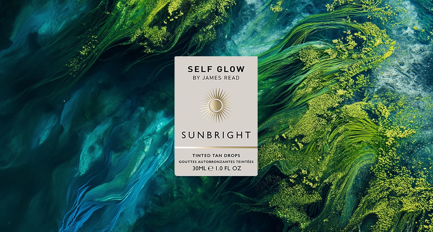 An image showcasing James Read's Self Glow sustainable, recycled paper labels, exemplified by the Sunbright Tinted Tan Drops label printed with vegetable-based inks.