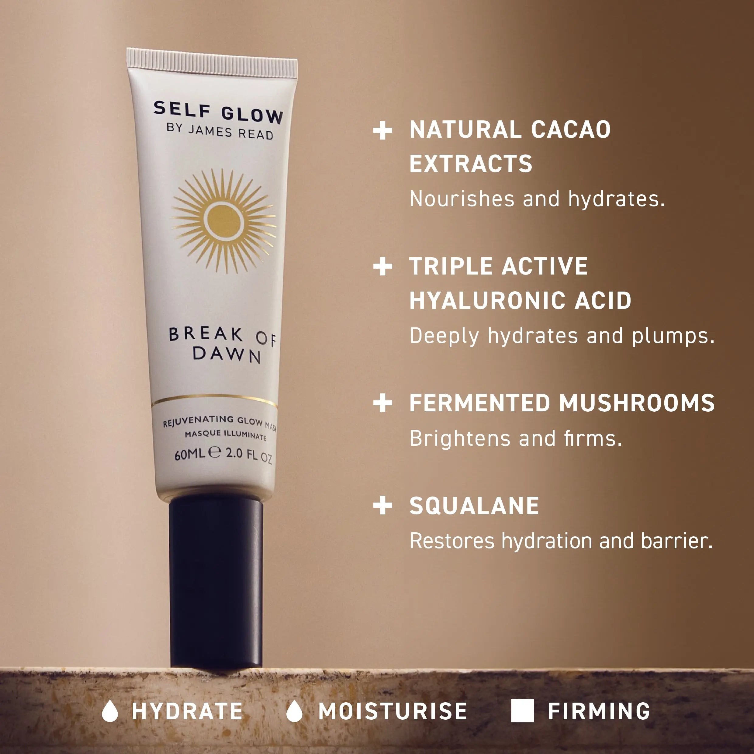 A graph illustrating the key skincare ingredients in Self Glow by James Read products, highlighting squalane, natural cacao extract, and hyaluronic acid, along with their benefits such as nourishment and deep hydration.