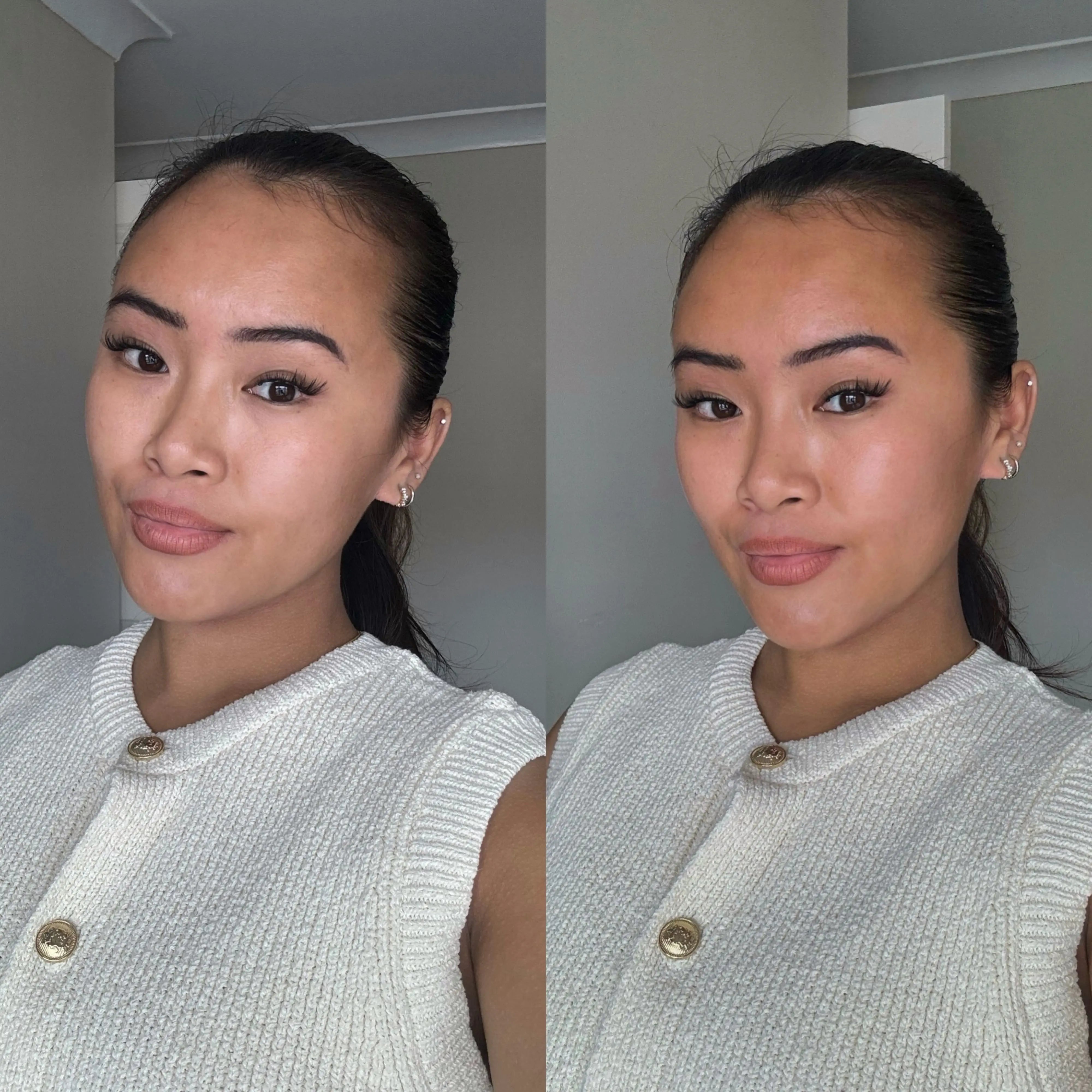 Side-by-side comparison of a female model's face before and after using the Break of Dawn 20-minute mask by Self Glow by James Read. The "after" image showcases a radiant, even tan and visibly smoother, glowing skin.